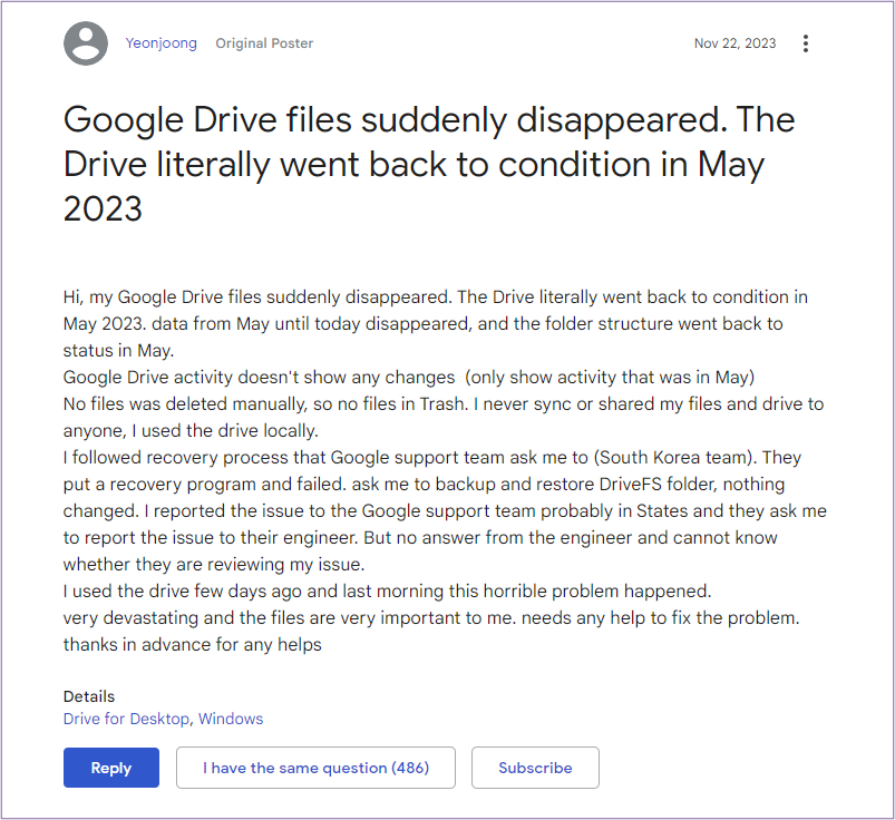 米GoogleのGoogleドライブの不具合に関する投稿